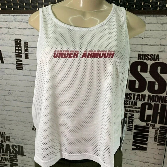 Under Armour L White Logo Sheer Mesh Scoop Neck Crop Tank Top - Picture 1 of 5